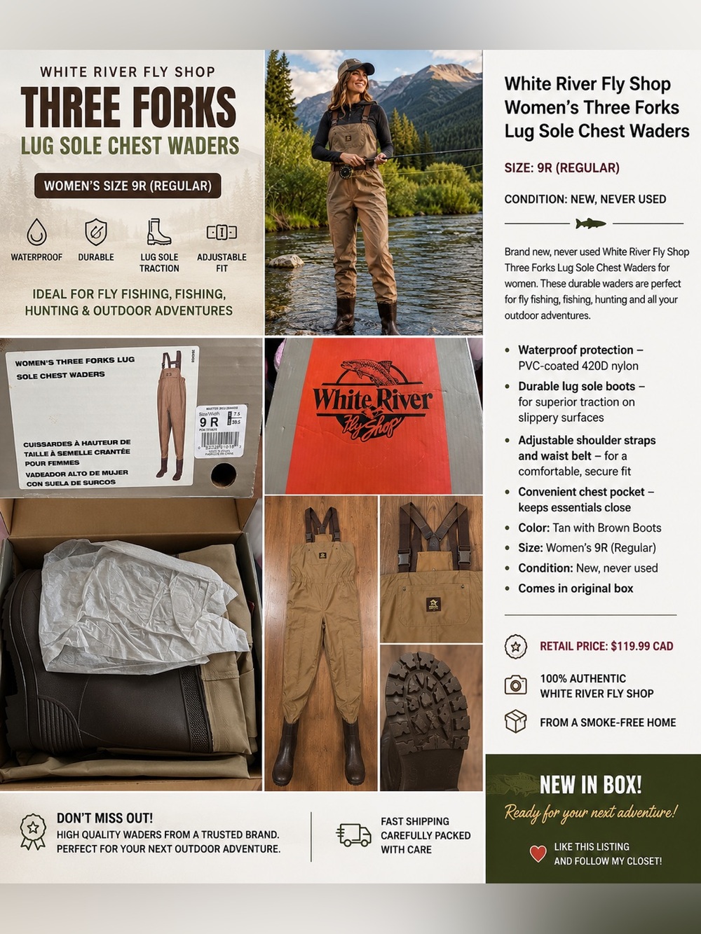 NWT | White River Fly Shop | Women’s Three Forks Chest Waders Size 9R Waterproof